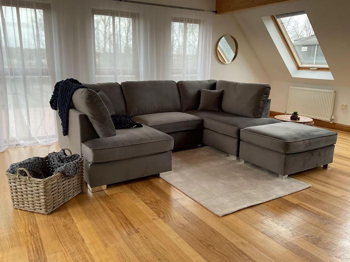 Cinema Sofa U Shape Sofa Living Room Corner Suite with Footstool (Available in Plush , Beige, Charcoal, Cream, Grey)
